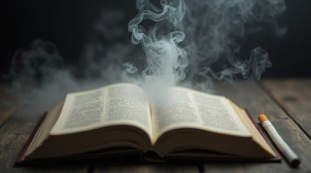 An open book, filled with text, sits on a wooden table, with thick smoke rising from it.の素材