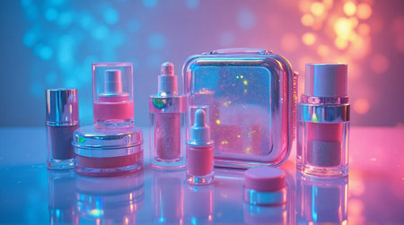 Stunning cosmetic collection displayed with vibrant neon glow, perfect for beauty campaigns and product showcasesの素材