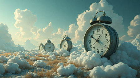 Vintage alarm clocks scattered across a dreamy cloudscape, symbolizing time's journey and ethereal momentsの素材