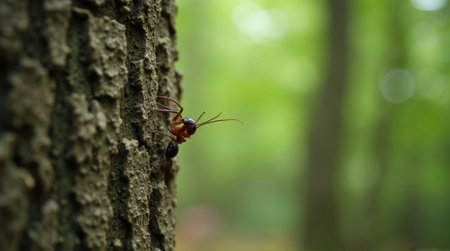 Ant climbing tree trunk in lush green forest with blurred background, a natural exploration sceneの素材