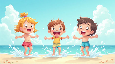 Joyful kids splashing in the surf on a sunny beach vacation, creating lasting summer memories with laughter and carefree fun, perfect for family travel adsの素材