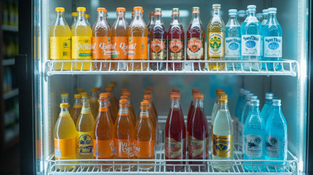 Artisan sodas in glass bottles offer refreshing choices displayed in a cooler for your thirst quenching needsの素材