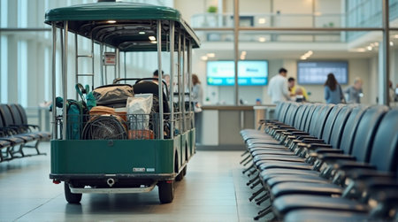Luggage cart carrying passenger bags in modern airport terminal near empty seating area waiting for flightsの素材