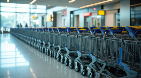 Endless shopping carts lined up ready for customers in a bright modern supermarket, perfect for retail adsの素材