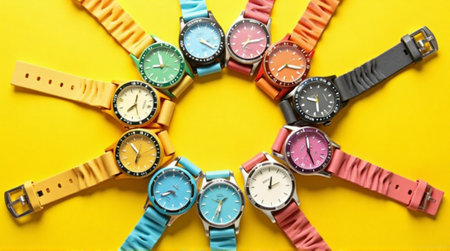 Vibrant collection of colorful watches arranged in a circle on a bright yellow background.の素材