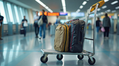 Stylish luggage on cart ready for adventures in bright airport terminal, travel convenience and modern designの素材