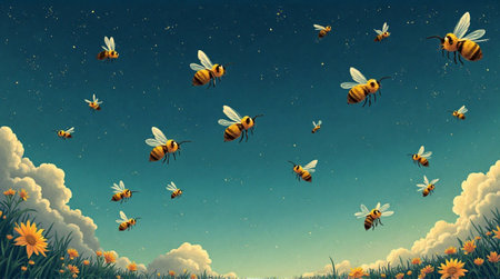 Whimsical swarm of happy bees buzzing through a dreamy twilight sky filled with stars and fluffy clouds over a vibrant meadow of wildflowers.の素材