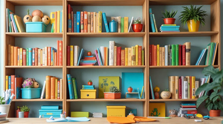 Organized bookshelf displaying classic books, playful decor, and vibrant plants offering a cozy and creative atmosphere perfect for study or inspirationの素材