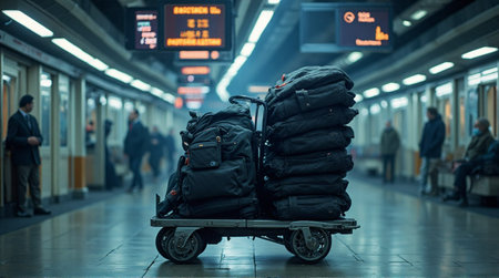 Luggage stacked high on a cart waiting on a subway platform with passengers boarding trainの素材