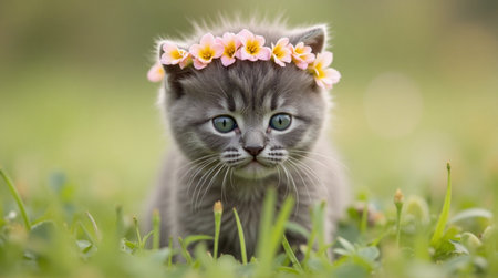 Adorable fluffy kitten wearing a delicate floral crown gazes with wide innocent eyes amidst soft green grass and blooming pink flowers, perfect for spring themes.の素材