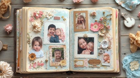 Vintage scrapbook with family photos and flowers on wooden tableの素材