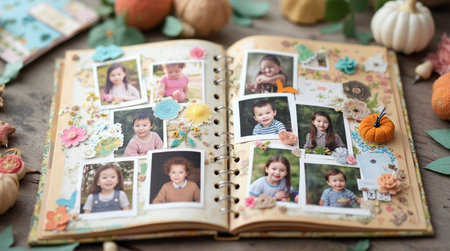 Cozy scrapbook filled with happy children's photos and autumn decorationsの素材