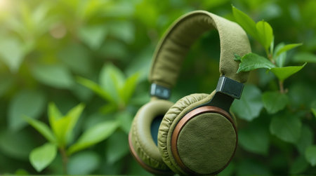Olive green headphones with copper accents on lush foliage backgroundの素材