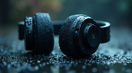 Waterproof headphones lying on wet surface with rain dropletsの素材