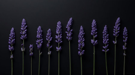 Vibrant purple lavender flowers on dark background arrangementの素材