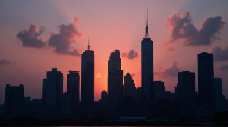 Chicago cityscape at sunset with vibrant orange skyの素材