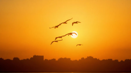 Seagulls flying over city skyline during vibrant orange sunsetの素材
