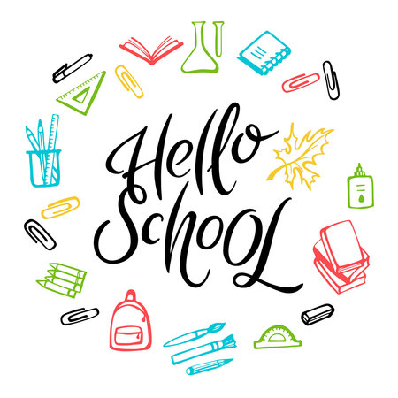 lettering hello school with accessoriesのイラスト素材