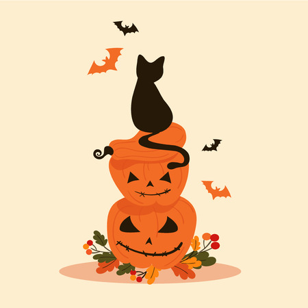 Halloween objects - black cat sits on pumpkinsのイラスト素材