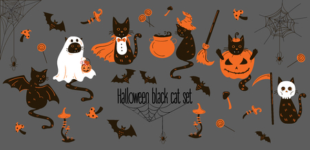 Big set of black cats in Halloween costumes and decor. Halloween decor and objects. Black cat in ghost costume, wearing mask, vampire, with witch s hat, in pumpking, cat bat, with scythe and maskのイラスト素材