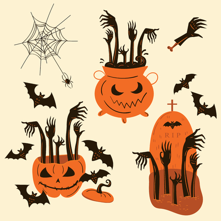 Set of zombie hands in Halloween pumpkin, witch pot and . headstone. Halloween decor and objects. Vector illustration.のイラスト素材