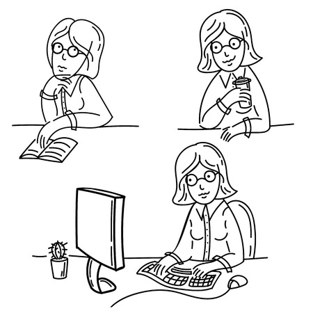 Freelance girl works on computer. Drinking tea, vector illustration.のイラスト素材