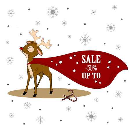 Christmas sale. Xmas deer with banner.. Christmas deer with a sale up to 50 percents cloak . Vector illustration.のイラスト素材
