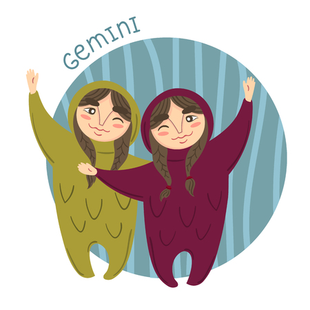 Cute zodiac sign - Gemini. Kid in gemini costume. Vector illustration.のイラスト素材
