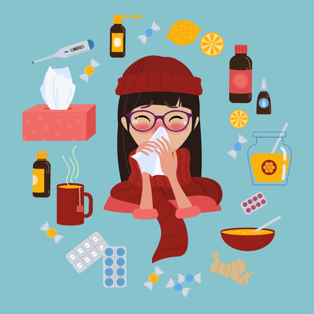 Young girl in glasses and red hat caught cold flu or virus. She has red nose, high temperature and holds handkerchief. Ways to treat illness in a circle around. Vector isolated objects on blue backgroundのイラスト素材