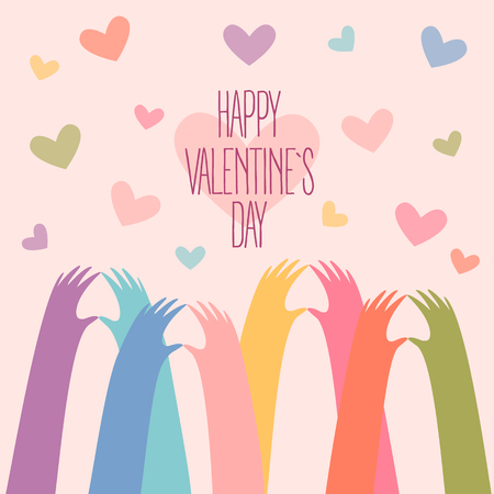 Happy Valentines Day card design. Many hands making a heart shape with fingers. Romantic colourful vector illustration with hearts on background.のイラスト素材