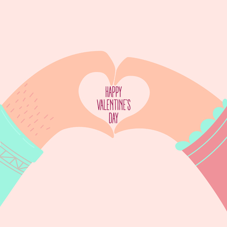 Happy Valentine's Day banner. Hands with sweater sleeves of a loving couple shaping a heart, isolated on white background. Male and female fingers greeting card design.のイラスト素材