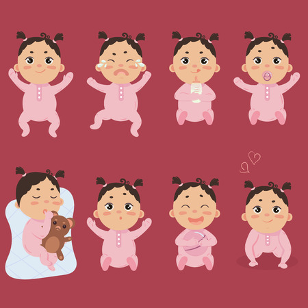 Set with cute little baby in footies with different emotions.のイラスト素材