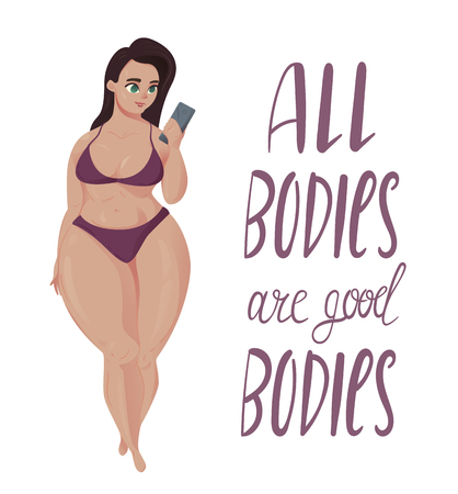 Happy plus size girl with smartphone in bikini. Happy body positive concept. All bodies are good text.のイラスト素材