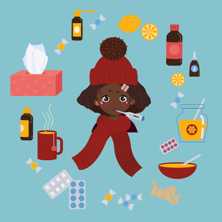 Young african american girl in red hat caught cold flu or virus. She has red nose, high temperature and holds thermometer. Ways to treat illness. Pills, honey, tea. Isolated objects on backgroundのイラスト素材