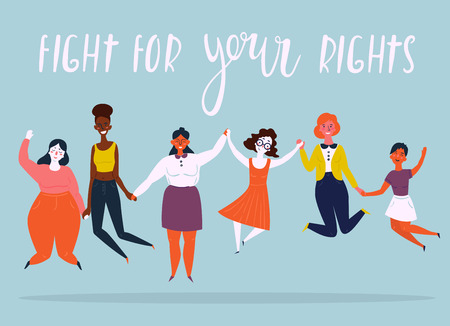 Diverse international and interracial group of jumping happy women. For girls power concept, feminine and feminism ideas, woman empowerment and role cards design. Fight for your rights text.のイラスト素材