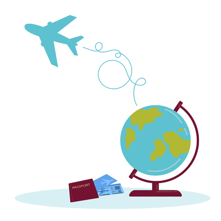 Travel illustration. Globe with airplane and route path. Passport and tickets. Earth flat design, flight journey.のイラスト素材