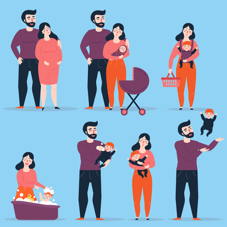 Young heterosexual couple in different family situations. Man and woman with baby and carriage, lady carry her child in slingshot, bathing her baby. Male throws kid up int the air. Vector illustration.のイラスト素材