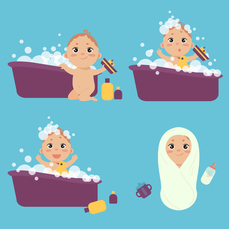 A baby is having bath in a bathtub. Four stages of bathing. Baby boy plays with duck in bubbles and soap. Clean child in towel. Vector illustrationのイラスト素材