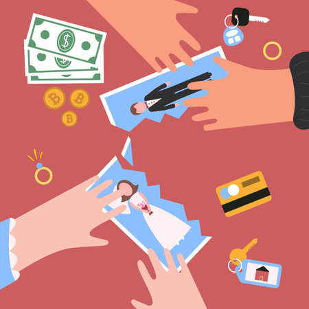 Divorcement. Man and woman hand tear apart wedding photo. Break up of relationship. End of family life. Diamond engagement rings, money. Disengagement of young former wife and husband. Divorce concept.のイラスト素材