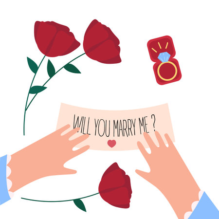 Woman received will you marry me note and engagement diamond ring in a box on valentine. Red roses, female hands, jewelry gift and letter on white background. Vector illustrationのイラスト素材