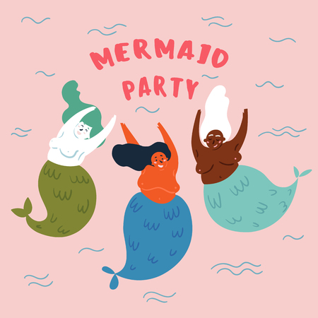 Party on the marine theme. Cute mermaids, marine animals. Three woman with fish tail are dancing under the sea. Vector illustrationのイラスト素材