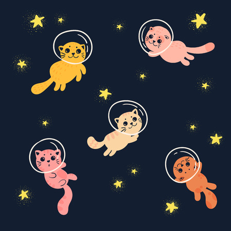A Cats in space. Cute home pets in helmets from spacesuits are flying between stars as astronauts and explorers.のイラスト素材