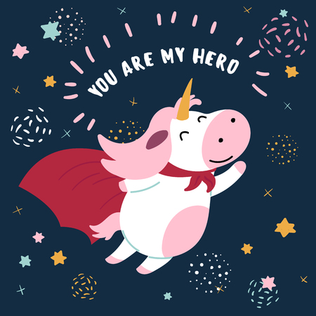 Pink and white cute cow in superhero costume with you are my hero text inscription.のイラスト素材
