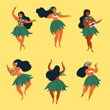 Set of girl in dance and sing with ukulele positions. Beautiful graceful Hawaiian girl dancing hula in traditional costume. Garland and green skirt wearings.のイラスト素材