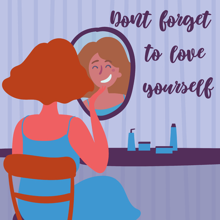 Beautiful young woman applying cosmetics. Don t forget to love yourself text. Feminism and self loving. Motivation poster. Red haired woman in front of fashion mirror. Vector cartoon illustrationのイラスト素材