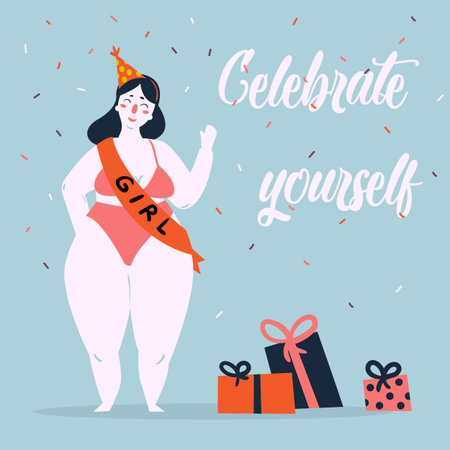 Celebrate yoursel and be good to yourself greeting card. Beautiful plus size fat woman in bikini, birthday cap and ribbon have celebration party. Feminist and woman power poster. Vector cartoonのイラスト素材