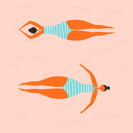 Girl swimming and relaxing on the back and abdomney in the water. Woman, wearing blue striped swimsuit on the pink water background. Seaside, beach or swimming pool. Vector cartoon flat illustrationのイラスト素材