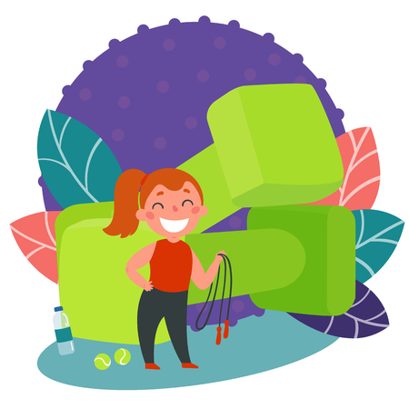 Fitness instuctor. Kids profession. Small girl as a coach. Aerobics trainer. Flat vector illustration.のイラスト素材