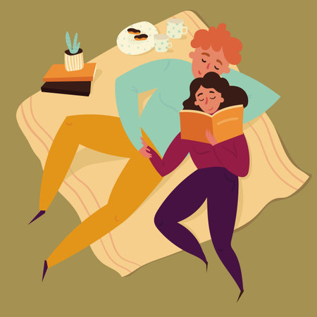 Boy and girl reading book on blanket. Home picnic. Boyfriend and girlfriend, young couple have a date. Cactus, croissant and cofee on bacground. Leisure, vacation concept. Vector flat illustrationのイラスト素材