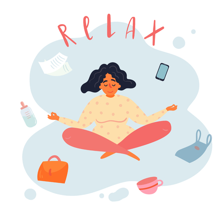 Young happy yoga mom is relaxing in the middle of the mess around and despite household duties. She is meditating in lotus position while baby bottle, phone, food are floating around. Vector flatのイラスト素材